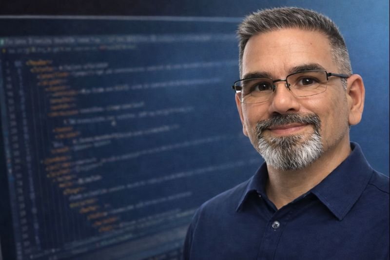 Web developer portrait with blurred HTML code in the background, representing front-end and web development fundamentals.