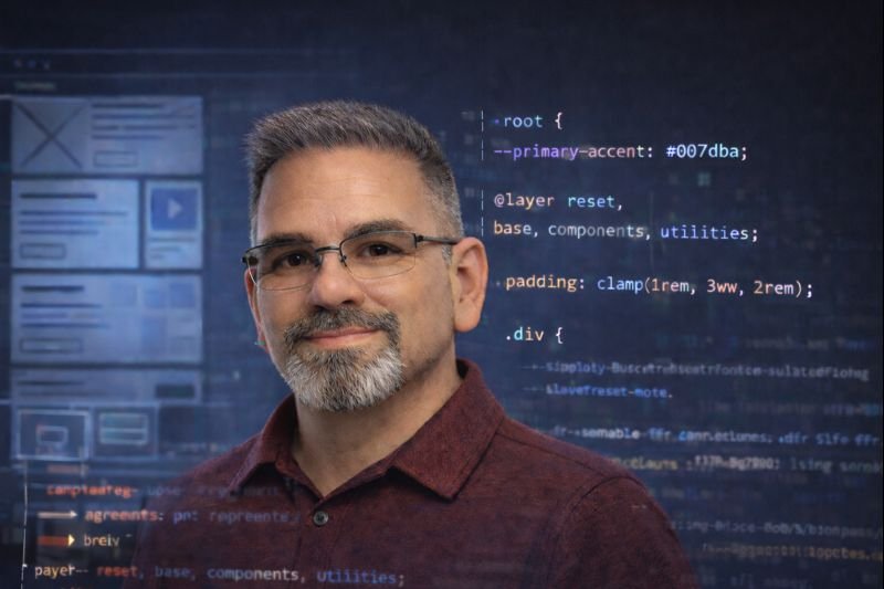 Web developer portrait with CSS code and website wireframes in the background, representing modern front-end web development and design systems