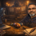 Web developer working with JavaScript at a laptop, shown in a fantasy-inspired setting with dice and scrolls representing JavaScript as the support class of web applications.