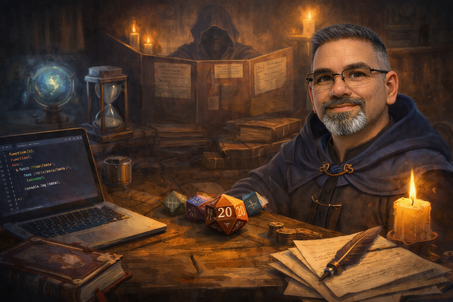 Web developer working with JavaScript at a laptop, shown in a fantasy-inspired setting with dice and scrolls representing JavaScript as the support class of web applications.