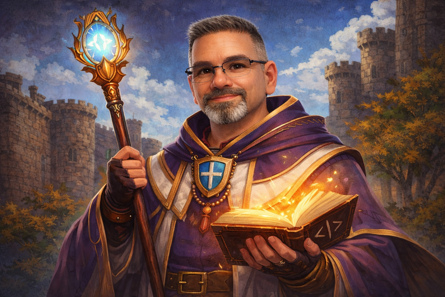 Portrait of a web developer depicted as a calm, confident guide, holding a glowing book and staff, symbolizing reliability and structure in front-end development.