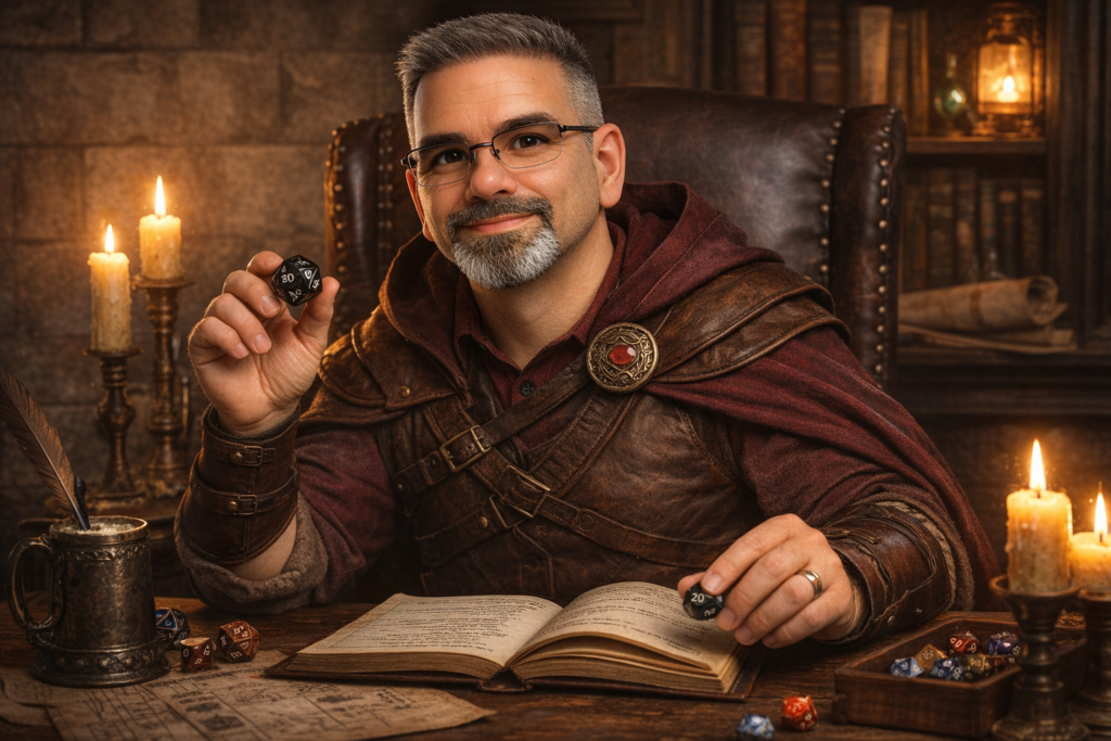 Portrait of a web developer seated at a candlelit desk, holding a twenty-sided die beside an open book showing HTML code in a medieval-style study.