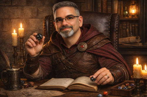 Portrait of a web developer seated at a candlelit desk, holding a twenty-sided die beside an open book showing HTML code in a medieval-style study.