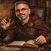 Portrait of a web developer seated at a candlelit desk, holding a twenty-sided die beside an open book showing HTML code in a medieval-style study.