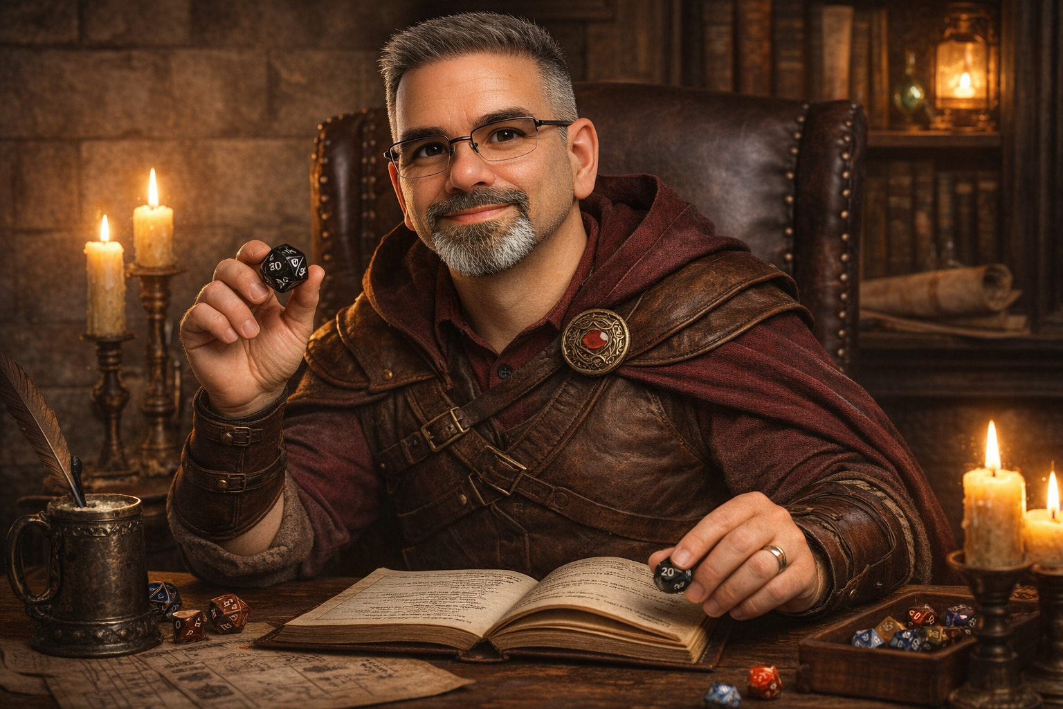 Portrait of a web developer seated at a candlelit desk, holding a twenty-sided die beside an open book showing HTML code in a medieval-style study.