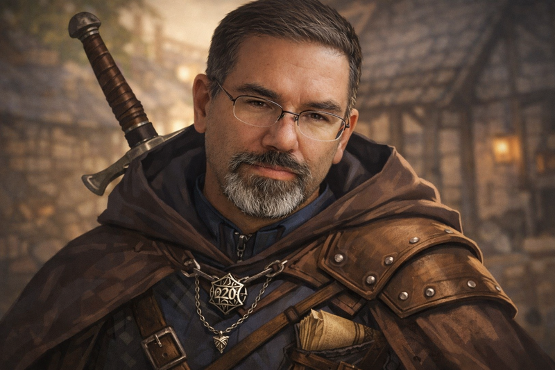 Portrait of a software developer in thoughtful focus, dressed in fantasy-inspired attire, symbolizing the process of debugging a tricky layout issue.