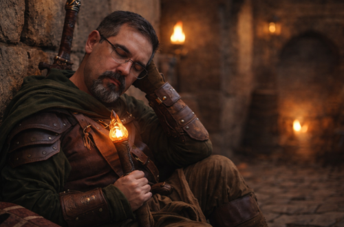 Middle-aged developer portrayed as a resting fantasy adventurer, seated against a stone wall in a torch-lit dungeon, eyes closed during a quiet moment of reflection, symbolizing taking a long rest and refocusing on fundamentals.