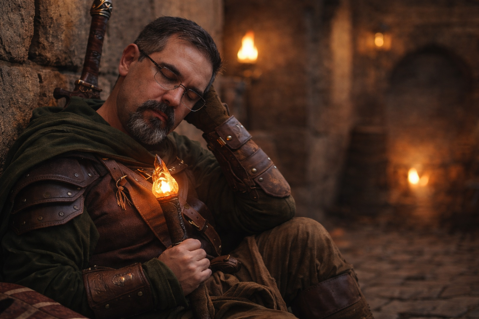Middle-aged developer portrayed as a resting fantasy adventurer, seated against a stone wall in a torch-lit dungeon, eyes closed during a quiet moment of reflection, symbolizing taking a long rest and refocusing on fundamentals.