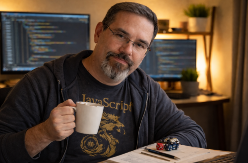 Professional web developer sitting in a modern home office holding a coffee mug, wearing a JavaScript T-shirt and hoodie, with dual monitors displaying code in the background, representing software development and clean coding practices.