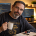 Professional web developer sitting in a modern home office holding a coffee mug, wearing a JavaScript T-shirt and hoodie, with dual monitors displaying code in the background, representing software development and clean coding practices.