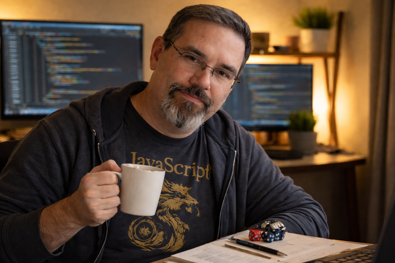 Professional web developer sitting in a modern home office holding a coffee mug, wearing a JavaScript T-shirt and hoodie, with dual monitors displaying code in the background, representing software development and clean coding practices.