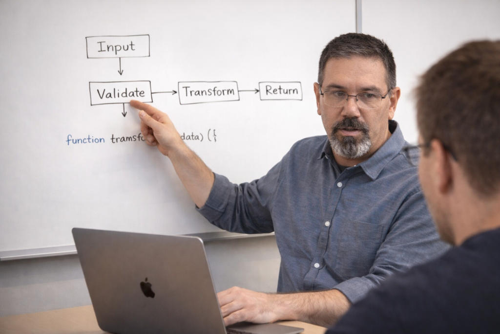 Software developer and educator explaining JavaScript concepts on a whiteboard, pointing to a flowchart showing input, validation, transformation, and return steps while a laptop with code sits open on the desk.