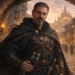 Frank Jamison stands beneath a stone archway in a medieval city at sunset, dressed in a dark hooded cloak and leather armor with small glass vials at his belt, facing forward with a steady expression as warm torchlight and a distant castle glow in the background.