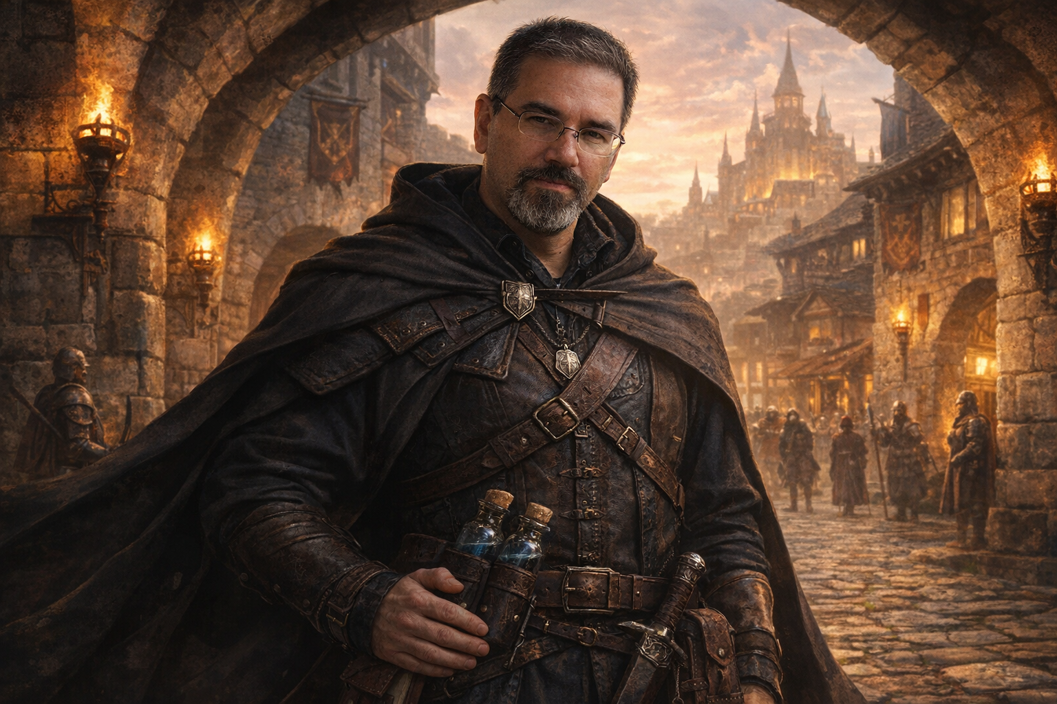 Frank Jamison stands beneath a stone archway in a medieval city at sunset, dressed in a dark hooded cloak and leather armor with small glass vials at his belt, facing forward with a steady expression as warm torchlight and a distant castle glow in the background.