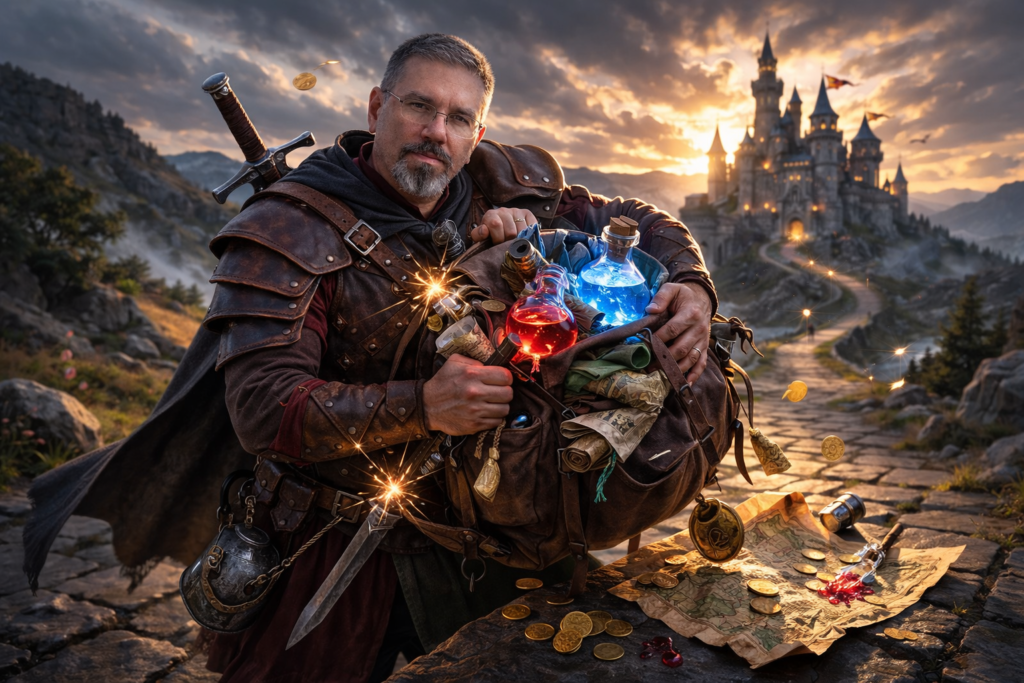 Frank Jamison dressed as a medieval adventurer stands on a stone road at sunset, struggling to close an overfilled leather pack stuffed with glowing red and blue potions, scrolls, coins, and gear, with a castle rising in the distance behind him.