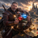 Frank Jamison dressed as a medieval adventurer stands on a stone road at sunset, struggling to close an overfilled leather pack stuffed with glowing red and blue potions, scrolls, coins, and gear, with a castle rising in the distance behind him.