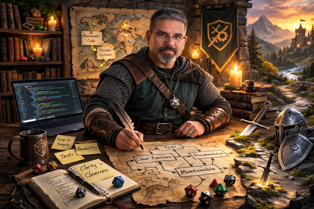 Frank Jamison sits at a wooden desk in a medieval inspired study, wearing chainmail and leather armor, looking directly at the camera while holding a quill over a parchment flowchart labeled with software principles like Clear Functions, Tests, Documentation, and Maintainable. A laptop displaying code, polyhedral dice, sticky notes about readability and simplicity, a shield, sword, candles, and a mountain castle backdrop reinforce the theme of reliable, maintainable code in a fantasy setting.