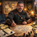 Frank Jamison sits at a wooden desk in a medieval inspired study, wearing chainmail and leather armor, looking directly at the camera while holding a quill over a parchment flowchart labeled with software principles like Clear Functions, Tests, Documentation, and Maintainable. A laptop displaying code, polyhedral dice, sticky notes about readability and simplicity, a shield, sword, candles, and a mountain castle backdrop reinforce the theme of reliable, maintainable code in a fantasy setting.