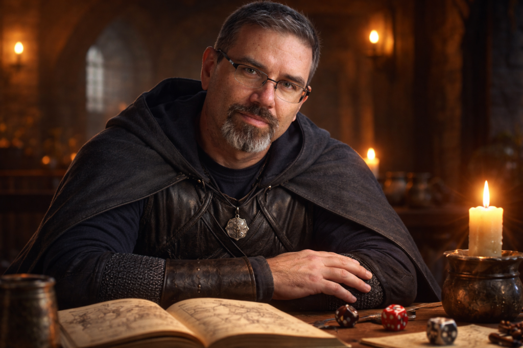 Frank Jamison seated at a wooden table in a medieval styled setting, wearing dark leather armor and a cloak, with an open book, polyhedral dice, and a lit candle in front of him against a warm stone background.