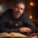 Frank Jamison seated at a wooden table in a medieval styled setting, wearing dark leather armor and a cloak, with an open book, polyhedral dice, and a lit candle in front of him against a warm stone background.