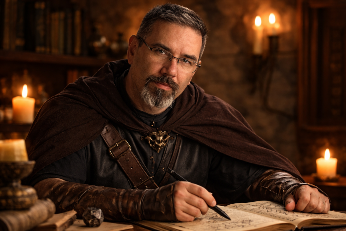 Frank Jamison dressed in medieval rogue attire sits at a wooden desk by candlelight, writing in an open journal filled with notes and diagrams, with books and warm lantern light in the background creating a focused, fantasy-inspired atmosphere.