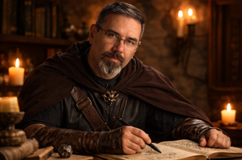 Frank Jamison dressed in medieval rogue attire sits at a wooden desk by candlelight, writing in an open journal filled with notes and diagrams, with books and warm lantern light in the background creating a focused, fantasy-inspired atmosphere.