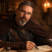 Frank Jamison dressed in medieval rogue attire sits at a wooden desk by candlelight, writing in an open journal filled with notes and diagrams, with books and warm lantern light in the background creating a focused, fantasy-inspired atmosphere.
