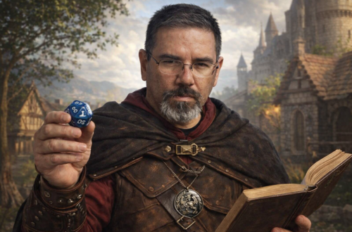 Frank Jamison dressed as a medieval adventurer holding a blue twenty sided die toward the camera while reading from an open leather bound book, standing in front of a stone castle and village backdrop.