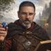 Frank Jamison dressed as a medieval adventurer holding a blue twenty sided die toward the camera while reading from an open leather bound book, standing in front of a stone castle and village backdrop.