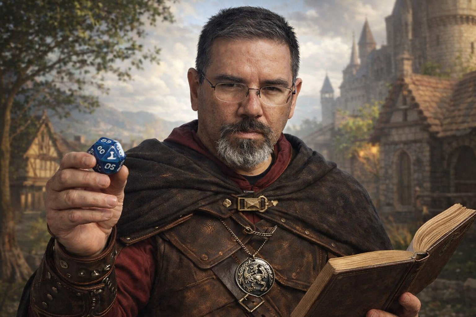 Frank Jamison dressed as a medieval adventurer holding a blue twenty sided die toward the camera while reading from an open leather bound book, standing in front of a stone castle and village backdrop.