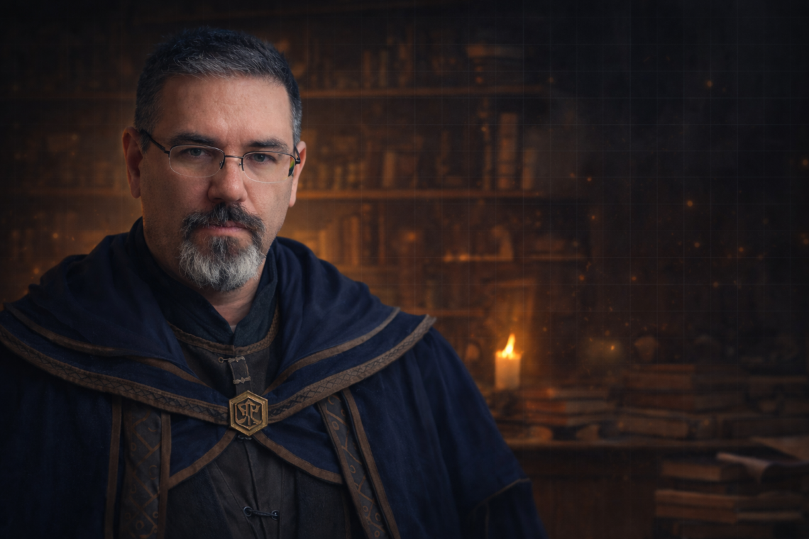 Frank Jamison stands facing forward with a level gaze, wearing dark indigo robes with subtle bronze accents. He is set against a dim, library-like background with warm candlelight, faint grid lines, and a subtle blueprint texture that gives the scene a disciplined, scholarly atmosphere.