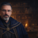 Frank Jamison stands facing forward with a level gaze, wearing dark indigo robes with subtle bronze accents. He is set against a dim, library-like background with warm candlelight, faint grid lines, and a subtle blueprint texture that gives the scene a disciplined, scholarly atmosphere.
