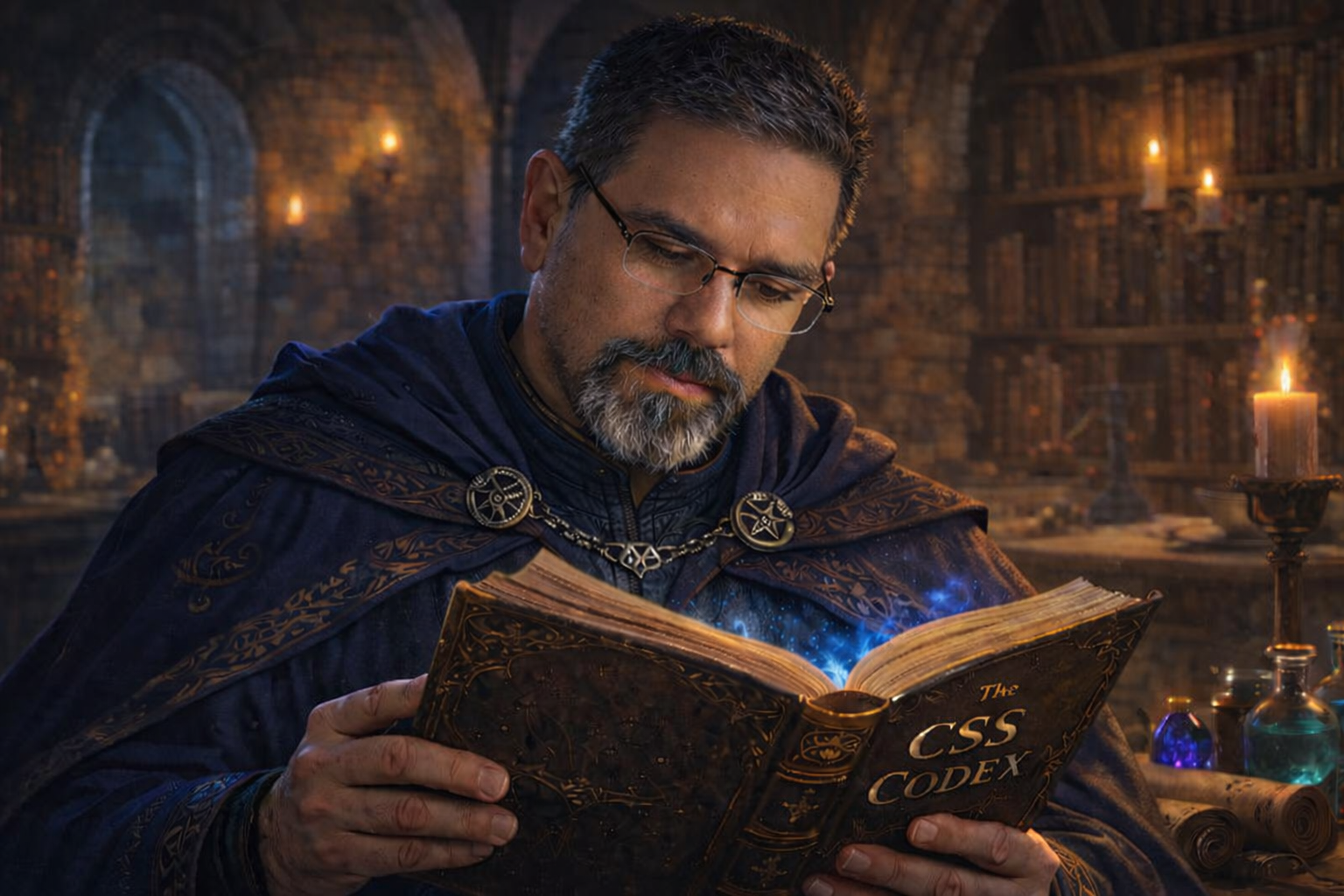 Frank Jamison portrayed as a focused archmage studying a glowing book titled The CSS Codex in a candlelit medieval library, symbolizing mastery of the laws of the CSS cascade.