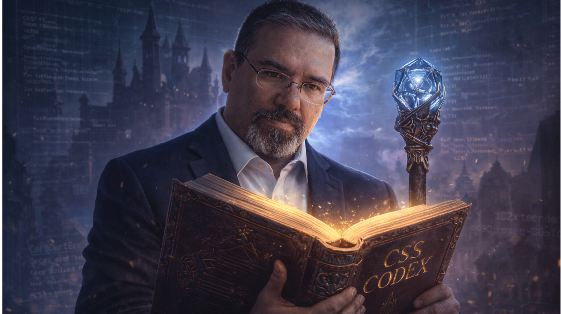 Frank Jamison in a navy blazer and glasses stands in a dramatic fantasy setting, holding a glowing book titled CSS Codex while a staff topped with a luminous blue d20 rises beside him, with faint code and castle silhouettes in the background.