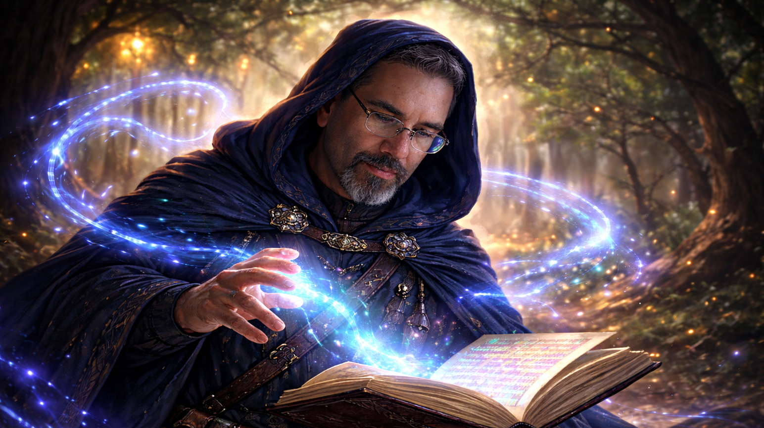 Digital fantasy illustration of Frank Jamison portrayed as a powerful wizard in a forest setting, wearing a deep blue hooded cloak with ornate clasps and a leather belt of glowing potions. He holds an open ancient spellbook while luminous blue magical energy swirls from the pages to his outstretched hand. His head is positioned naturally and slightly forward, with a focused expression, glasses visible, and warm golden forest light illuminating the scene.