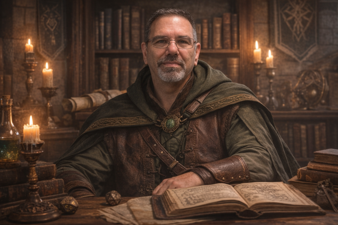 Frank Jamison dressed as a scholarly wizard sits at a wooden desk surrounded by books and candlelight, studying an open spellbook in a medieval style library, representing the exploration of CSS rules and structure in The CSS Codex series.