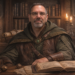 Frank Jamison dressed as a scholarly wizard sits at a wooden desk surrounded by books and candlelight, studying an open spellbook in a medieval style library, representing the exploration of CSS rules and structure in The CSS Codex series.