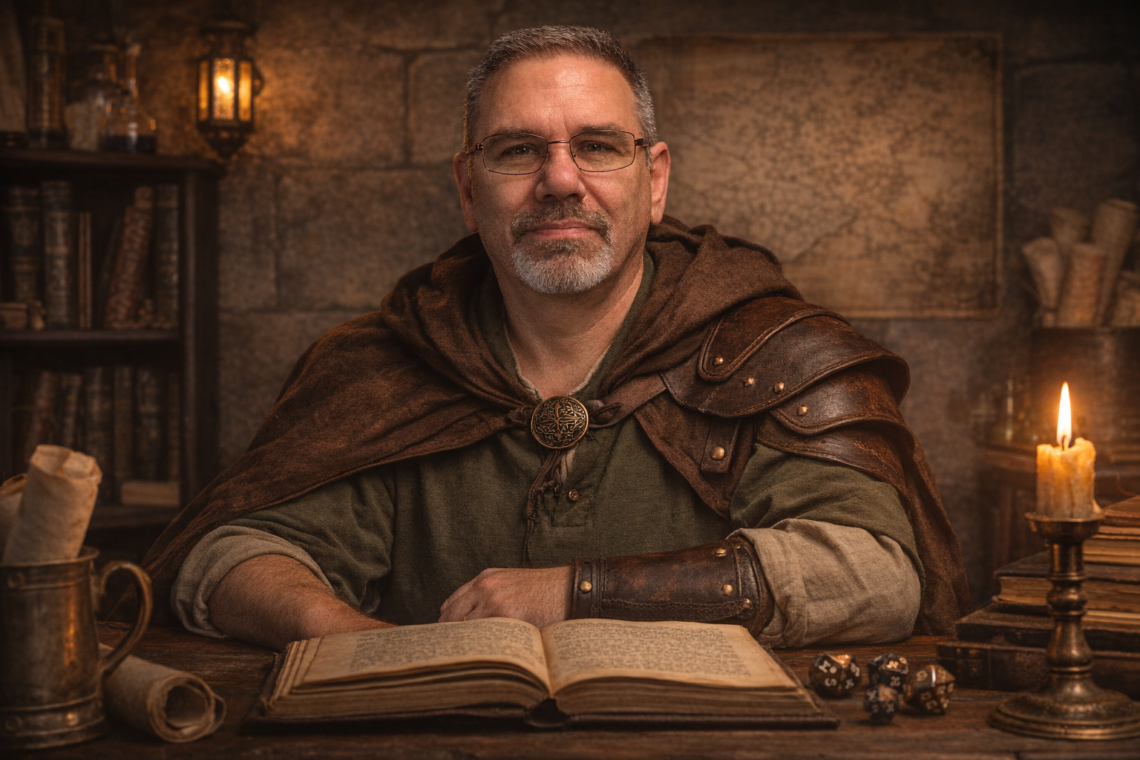 Frank Jamison sits at a wooden desk in a medieval study dressed as a fantasy adventurer, wearing a green tunic and leather cloak while reading from an open book surrounded by candles, dice, and shelves of old volumes, evoking the feeling of a scholar studying arcane knowledge.