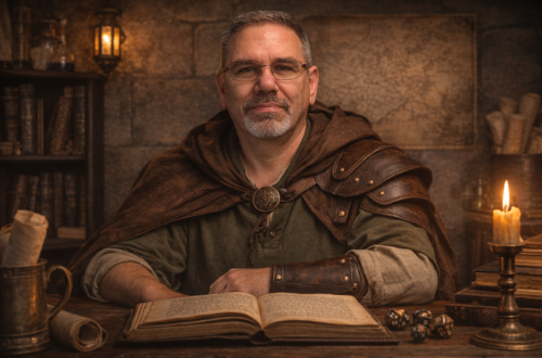 Frank Jamison sits at a wooden desk in a medieval study dressed as a fantasy adventurer, wearing a green tunic and leather cloak while reading from an open book surrounded by candles, dice, and shelves of old volumes, evoking the feeling of a scholar studying arcane knowledge.