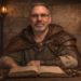 Frank Jamison sits at a wooden desk in a medieval study dressed as a fantasy adventurer, wearing a green tunic and leather cloak while reading from an open book surrounded by candles, dice, and shelves of old volumes, evoking the feeling of a scholar studying arcane knowledge.
