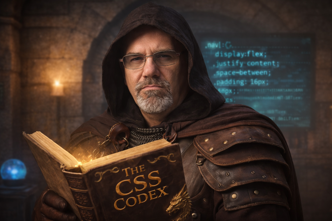 Frank Jamison dressed as a fantasy scholar wearing a hooded cloak and leather armor while studying a glowing book titled The CSS Codex, with floating CSS code visible behind him in a medieval stone chamber.