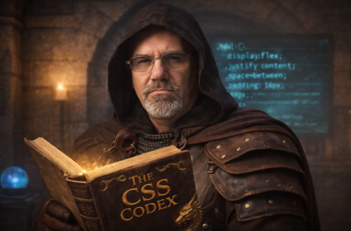 Frank Jamison dressed as a fantasy scholar wearing a hooded cloak and leather armor while studying a glowing book titled The CSS Codex, with floating CSS code visible behind him in a medieval stone chamber.