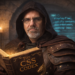 Frank Jamison dressed as a fantasy scholar wearing a hooded cloak and leather armor while studying a glowing book titled The CSS Codex, with floating CSS code visible behind him in a medieval stone chamber.