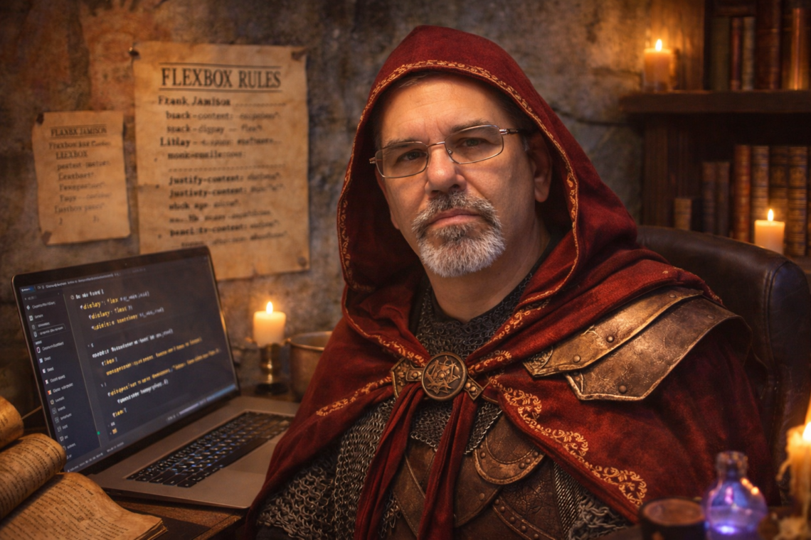 Frank Jamison portrayed as a fantasy styled developer wizard wearing a red hooded cloak and light armor, seated at a desk with a laptop displaying CSS Flexbox code, surrounded by candles, parchment notes labeled Flexbox rules, and shelves of books in a medieval study setting.
