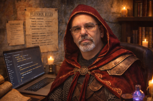 Frank Jamison portrayed as a fantasy styled developer wizard wearing a red hooded cloak and light armor, seated at a desk with a laptop displaying CSS Flexbox code, surrounded by candles, parchment notes labeled Flexbox rules, and shelves of books in a medieval study setting.