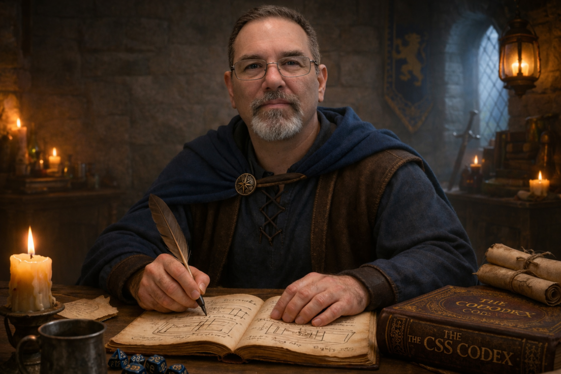 Professional portrait of Frank Jamison dressed in medieval-inspired attire, seated at a wooden desk in a candlelit stone study, writing with a quill in an open book filled with box model diagrams, surrounded by dice, scrolls, and an ornate volume titled CSS Codex.