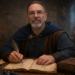 Professional portrait of Frank Jamison dressed in medieval-inspired attire, seated at a wooden desk in a candlelit stone study, writing with a quill in an open book filled with box model diagrams, surrounded by dice, scrolls, and an ornate volume titled CSS Codex.