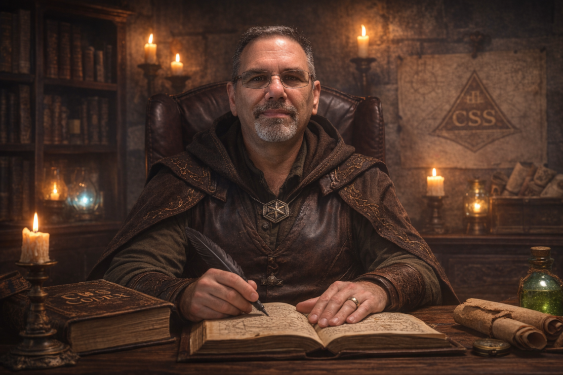 Professional portrait of Frank Jamison, a middle aged man with short dark hair, glasses, and a neatly trimmed goatee, seated upright and facing forward with a level, confident gaze. He is dressed in a dark, medieval inspired cloak over a leather vest and tunic, holding a quill above an open, rune covered manuscript on a wooden desk. The setting is a warm, candle lit study with shelves of old books, scrolls, and subtle glowing artifacts, creating a refined fantasy atmosphere that blends scholarly focus with a wizard like aesthetic.