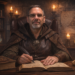 Professional portrait of Frank Jamison, a middle aged man with short dark hair, glasses, and a neatly trimmed goatee, seated upright and facing forward with a level, confident gaze. He is dressed in a dark, medieval inspired cloak over a leather vest and tunic, holding a quill above an open, rune covered manuscript on a wooden desk. The setting is a warm, candle lit study with shelves of old books, scrolls, and subtle glowing artifacts, creating a refined fantasy atmosphere that blends scholarly focus with a wizard like aesthetic.