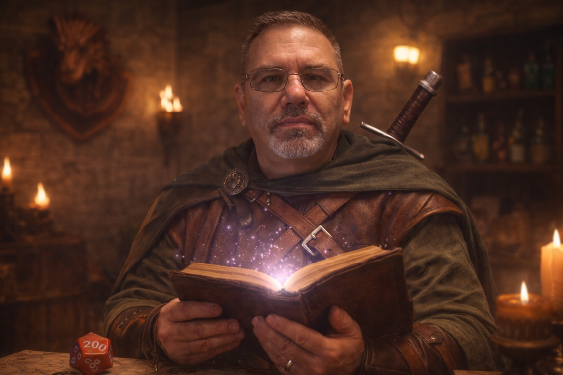 Professional portrait of Frank Jamison, a middle-aged man with short gray hair, glasses, and a neatly trimmed beard, dressed as a fantasy adventurer in a cloak and leather armor, holding a glowing spellbook in a warmly lit medieval tavern setting with candles, wooden shelves, and a sword visible behind him.